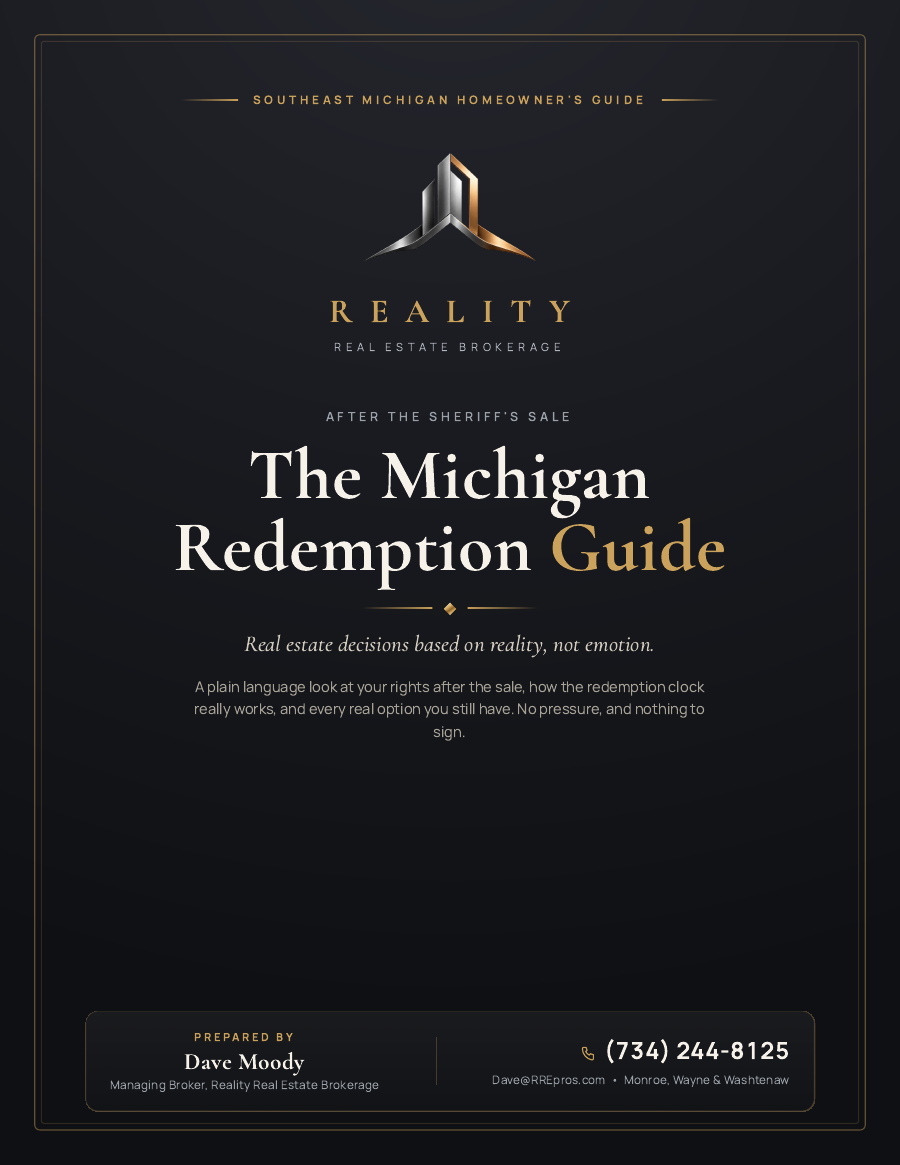 Front cover of the Michigan Redemption Guide, prepared by Dave Moody of Reality Real Estate Brokerage.