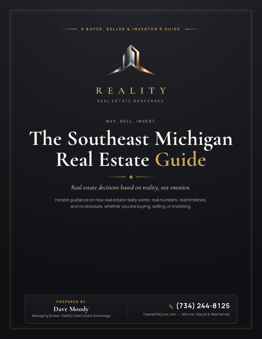 Front cover of the Southeast Michigan Real Estate Guide, prepared by Dave Moody of Reality Real Estate Brokerage.